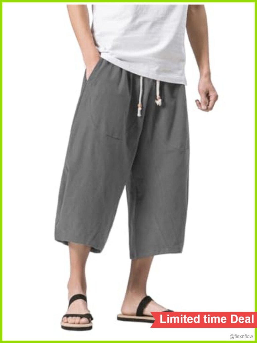 Men's Linen Capri Pants Elastic Waist Wide Leg Harem Casual Summer